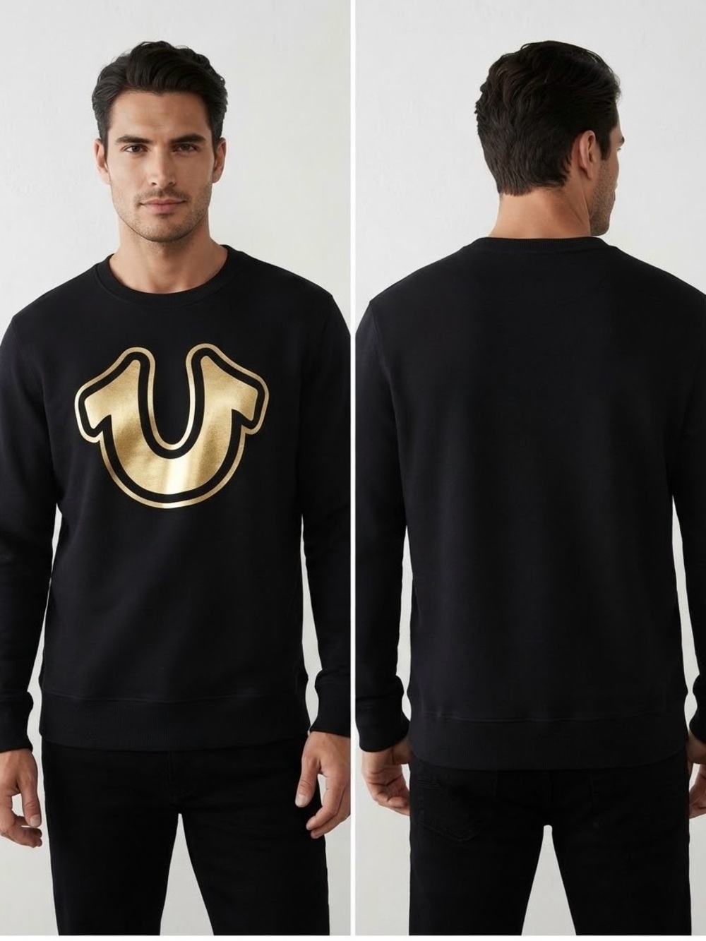 True Religion Men’s Black Crewneck Sweatshirt with Gold Horseshoe Logo